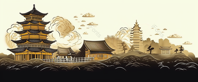 国潮古代建筑高大建筑群手绘横板插画,插画/手绘图,插画/手绘图库,插画/手绘图下载,插画/手绘